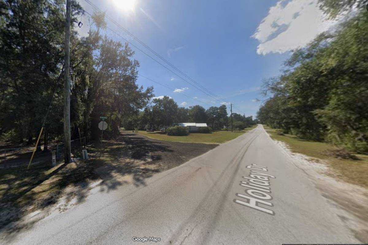 Paved road and nearby homes along Holiday Drive in Interlachen Florida